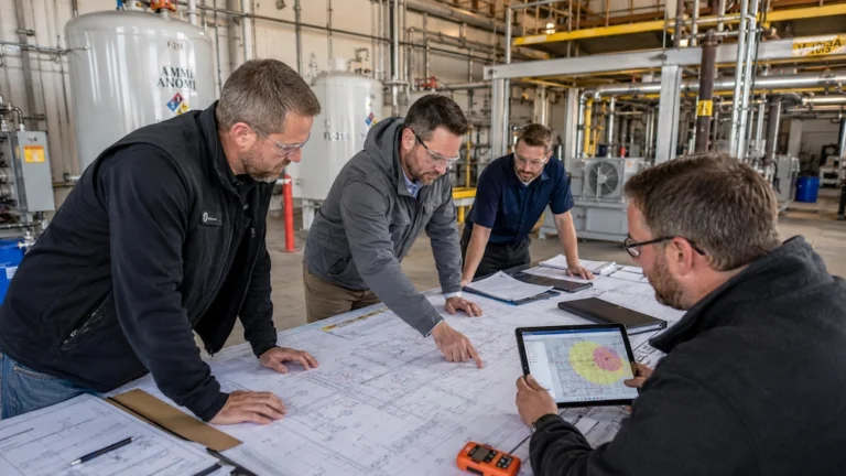 Engineering team reviewing gas hazard locations and detector planning within an industrial facility