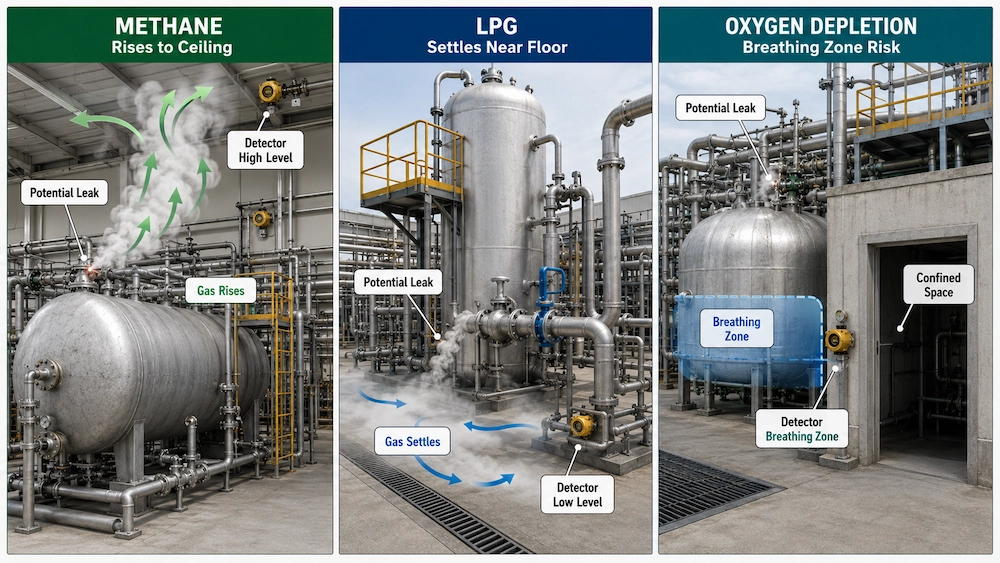 Comparison of gas behavior and detector placement locations in industrial environments