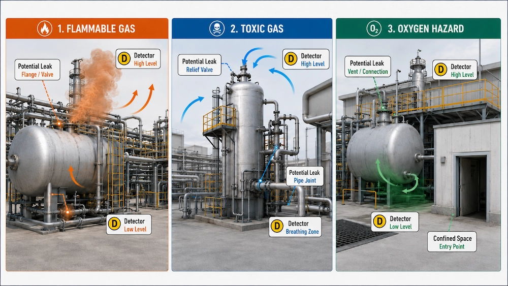 Comparison of flammable gas, toxic gas and oxygen hazard detection requirements in industrial facilities