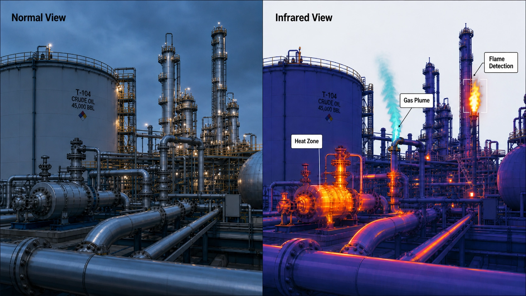 Diagram showing how infrared detection identifies heat and gas patterns